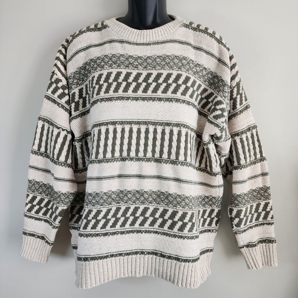 VTG Northern Elements Sweater Mens XL Green Cream Cotton Cable Knit Geometric 3D